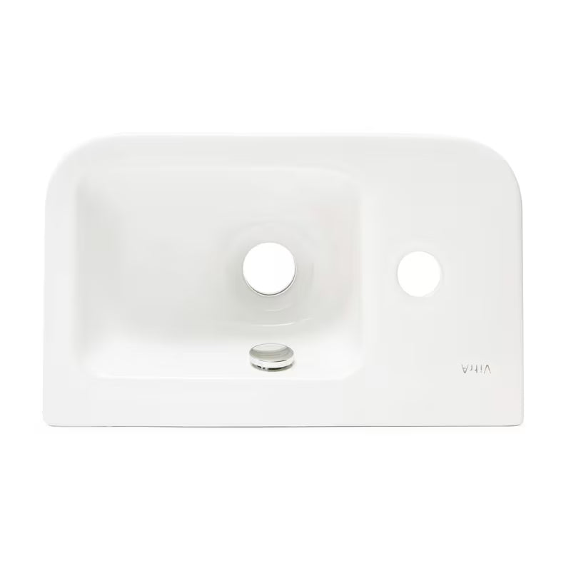 Baltas keraminis mažas praustuvas Vitra Integra 37x22 cm su anga maišytuvui kairėje, blizgus