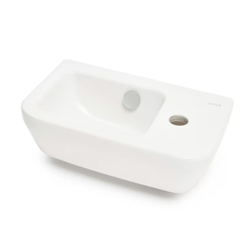 Baltas keraminis mažas praustuvas Vitra Integra 37x22 cm su persipylimo anga ir anga maišytuvui dešinėje