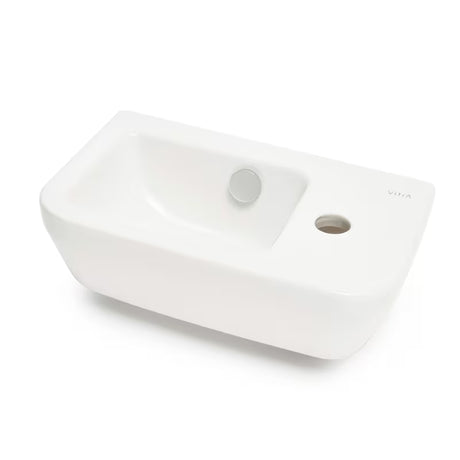 Baltas keraminis mažas praustuvas Vitra Integra 37x22 cm su persipylimo anga ir anga maišytuvui dešinėje