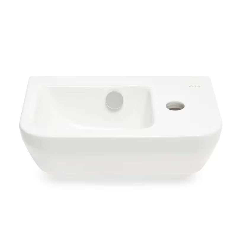 Baltas keraminis mažas praustuvas Vitra Integra 37x22 cm su persipylimo anga ir anga maišytuvui dešinėje