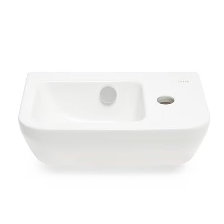 Baltas keraminis mažas praustuvas Vitra Integra 37x22 cm su persipylimo anga ir anga maišytuvui dešinėje