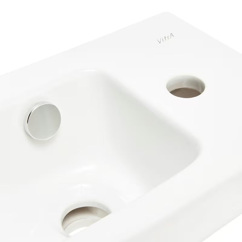 Baltas keraminis mažas praustuvas Vitra Integra 37x22 cm su persipylimo anga ir anga maišytuvui dešinėje