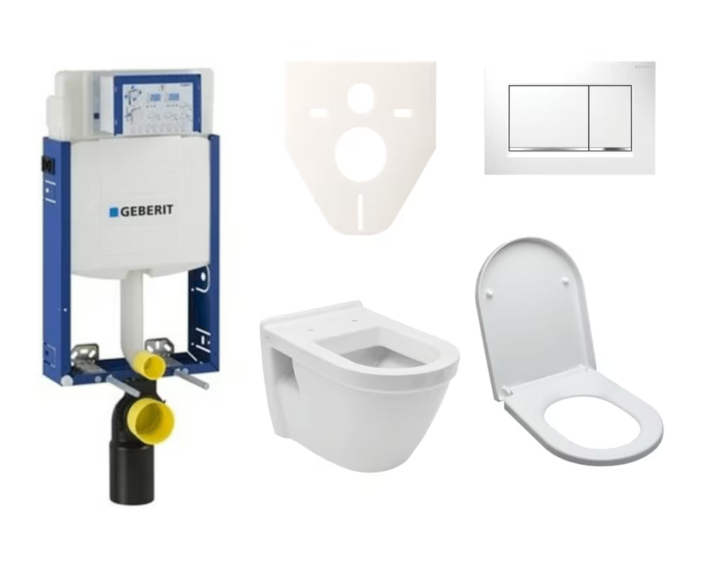 Pakabinami WC komplektas Vitra Integra su potinkiniu bakeliu Geberit ir baltos spalvos sėdyne.
