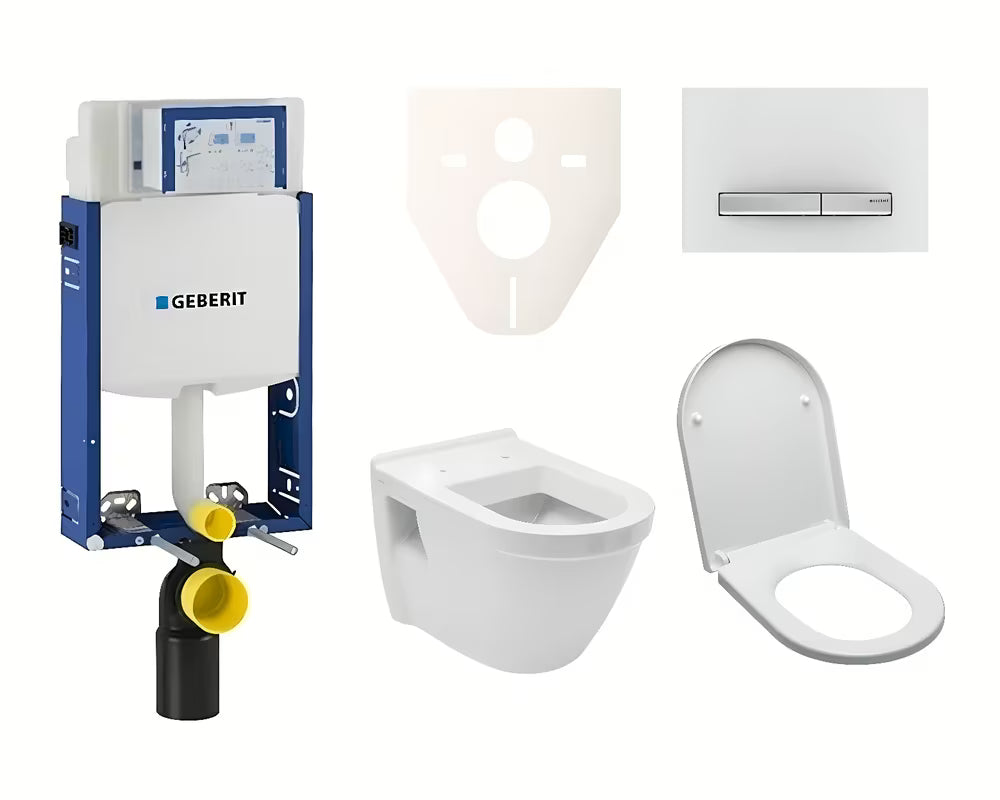 Pakabinami WC komplektas vitra Integra įmontuojamas su bakeliu Geberit ir baltos spalvos duroplasto sėdyne.