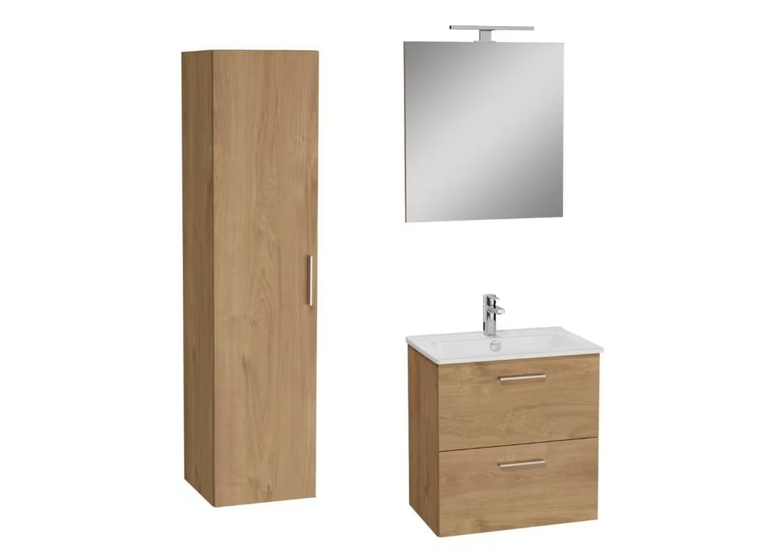 Vonios kambario Baldų Komplektas vitra Mia auksinio ąžuolo dekoro, su pakabinama spintele, praustuvu, veidrodžiu ir apšvietimu