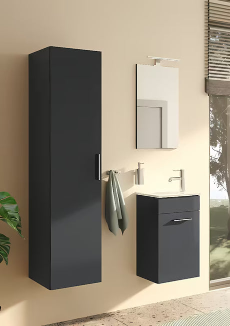 Vitra Mia vonios kambario baldų komplektas 39x28 cm, antracito spalvos, su spintele, praustuvu, veidrodžiu ir LED apšvietimu
