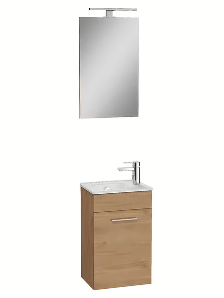 Kompaktiškas vonios kambario baldų komplektas Vitra Mia 39x28 cm, auksinio ąžuolo dekoro, su spintele, praustuvu ir veidrodžiu