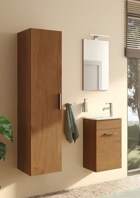 Kompaktiškas vonios kambario baldų komplektas Vitra Mia 39x28 cm, auksinio ąžuolo dekoro, su spintele, praustuvu ir veidrodžiu