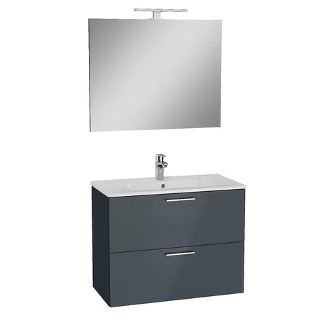 Vonios kambario Baldų Komplektas Vitra Mia 79 x 39,5 cm, antracito spalvos, su spintele, praustuvu, veidrodžiu ir LED apšvietimu.