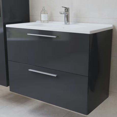 Vonios kambario Baldų Komplektas Vitra Mia 79 x 39,5 cm, antracito spalvos, su spintele, praustuvu, veidrodžiu ir LED apšvietimu.