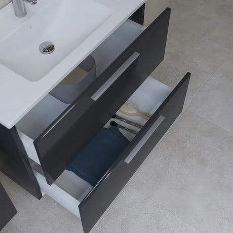 Vonios kambario Baldų Komplektas Vitra Mia 79 x 39,5 cm, antracito spalvos, su spintele, praustuvu, veidrodžiu ir LED apšvietimu.