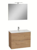 Vonios kambario Baldų Komplektas Vitra Mia 79 x 39,5 cm, auksinio ąžuolo dekoro, su spintele, praustuvu, veidrodžiu ir LED apšvietimu.