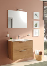 Vonios kambario Baldų Komplektas Vitra Mia 79 x 39,5 cm, auksinio ąžuolo dekoro, su spintele, praustuvu, veidrodžiu ir LED apšvietimu.