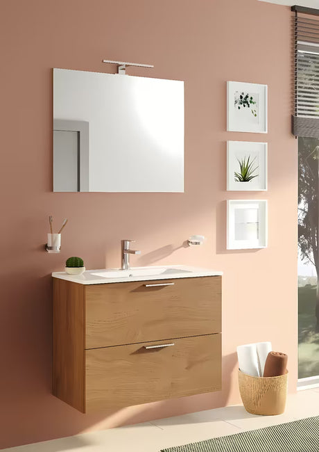 Vonios kambario Baldų Komplektas Vitra Mia 79 x 39,5 cm, auksinio ąžuolo dekoro, su spintele, praustuvu, veidrodžiu ir LED apšvietimu.