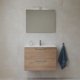 Vonios kambario Baldų Komplektas Vitra Mia 79 x 39,5 cm, auksinio ąžuolo dekoro, su spintele, praustuvu, veidrodžiu ir LED apšvietimu.