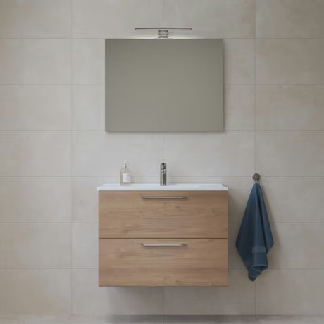 Vonios kambario Baldų Komplektas Vitra Mia 79 x 39,5 cm, auksinio ąžuolo dekoro, su spintele, praustuvu, veidrodžiu ir LED apšvietimu.