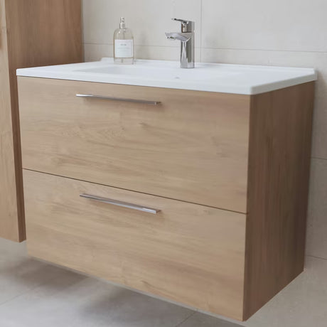 Vonios kambario Baldų Komplektas Vitra Mia 79 x 39,5 cm, auksinio ąžuolo dekoro, su spintele, praustuvu, veidrodžiu ir LED apšvietimu.
