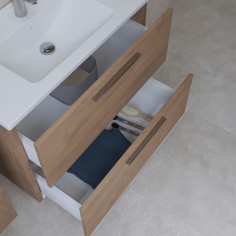 Vonios kambario Baldų Komplektas Vitra Mia 79 x 39,5 cm, auksinio ąžuolo dekoro, su spintele, praustuvu, veidrodžiu ir LED apšvietimu.