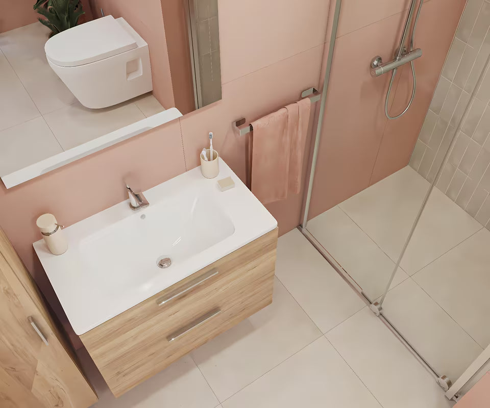 Vonios kambario Baldų Komplektas Vitra Mia 79 x 39,5 cm auksinio ąžuolo dekoro, su spintele, praustuvu, veidrodžiu ir LED apšvietimu.