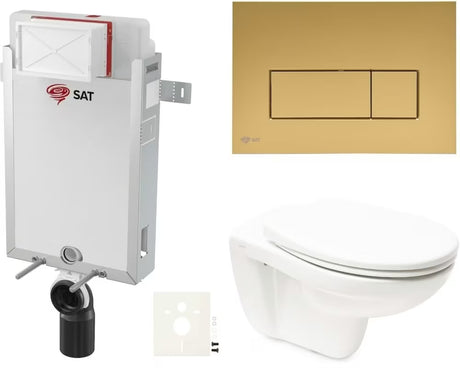 Pakabinami WC komplektas Vitra Normus su įmontuojamu moduliu, bakeliu SAT ir matiniu SAT gold mygtuku.