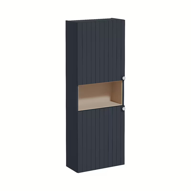 Pakabinama vonios spintelė Vitra Root Groove 55x155x25 cm, matinės tamsiai mėlynos spalvos, su juodomis rankenėlėmis.