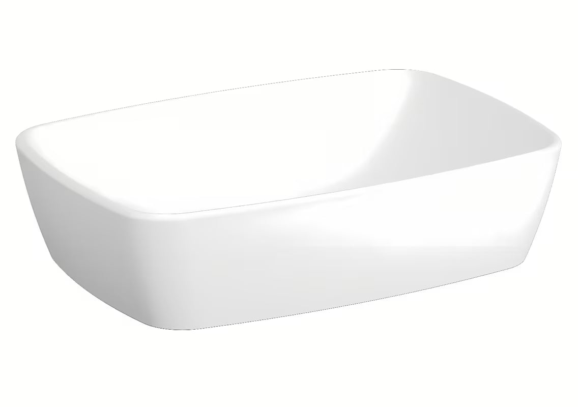 Baltas keraminis pastatomas ant stalviršio praustuvas Vitra Shift New 55 x 38 cm be perpylimo ir be skylės maišytuvui .