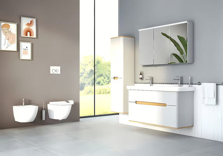 Baltas pakabinamas bidė vitra Shift su paslėptu keramikos tvirtinimu, be matomų dangtelių ir angų.