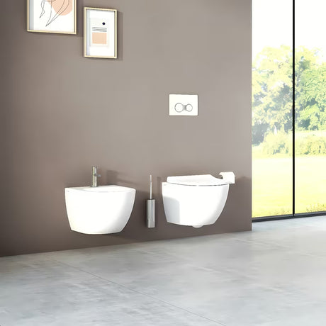 Baltas pakabinamas bidė vitra Shift su paslėptu keramikos tvirtinimu, be matomų dangtelių ir angų.