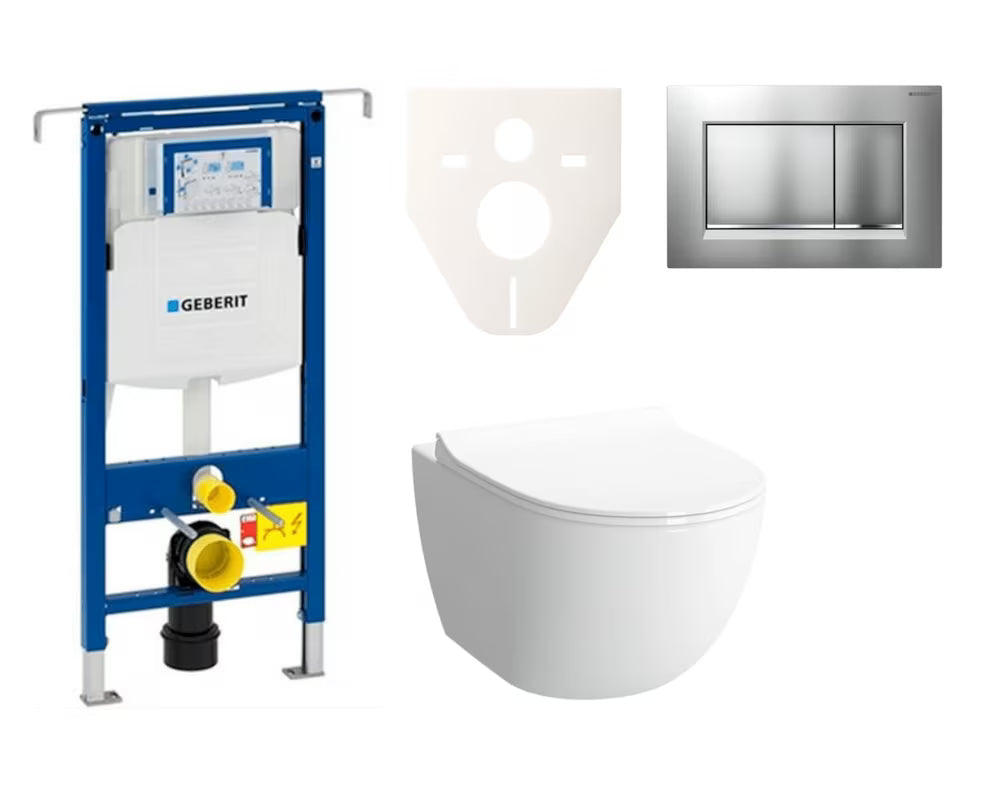 Pakabinami WC komplektas SAT Infinitio pro potinkinei montavimo sistemai su bakeliu Geberit Duofix ir matinio chromo mygtuku.