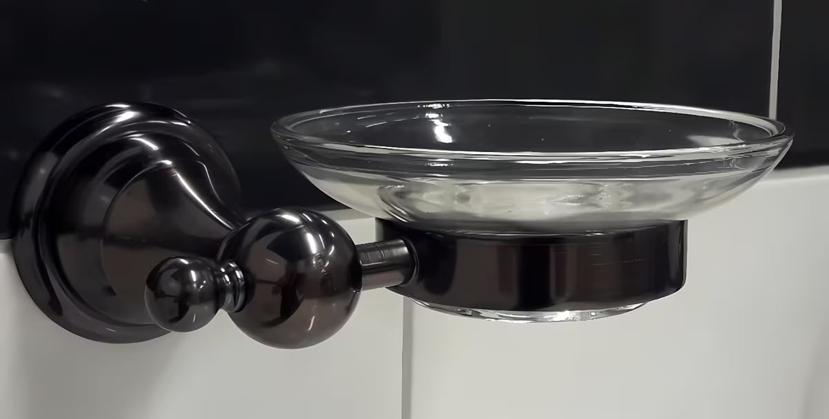 Sieninė muilinė WF Industrial Dark-Metal su alyvuoto guminto bronzo apdaila ir stikline muiline.